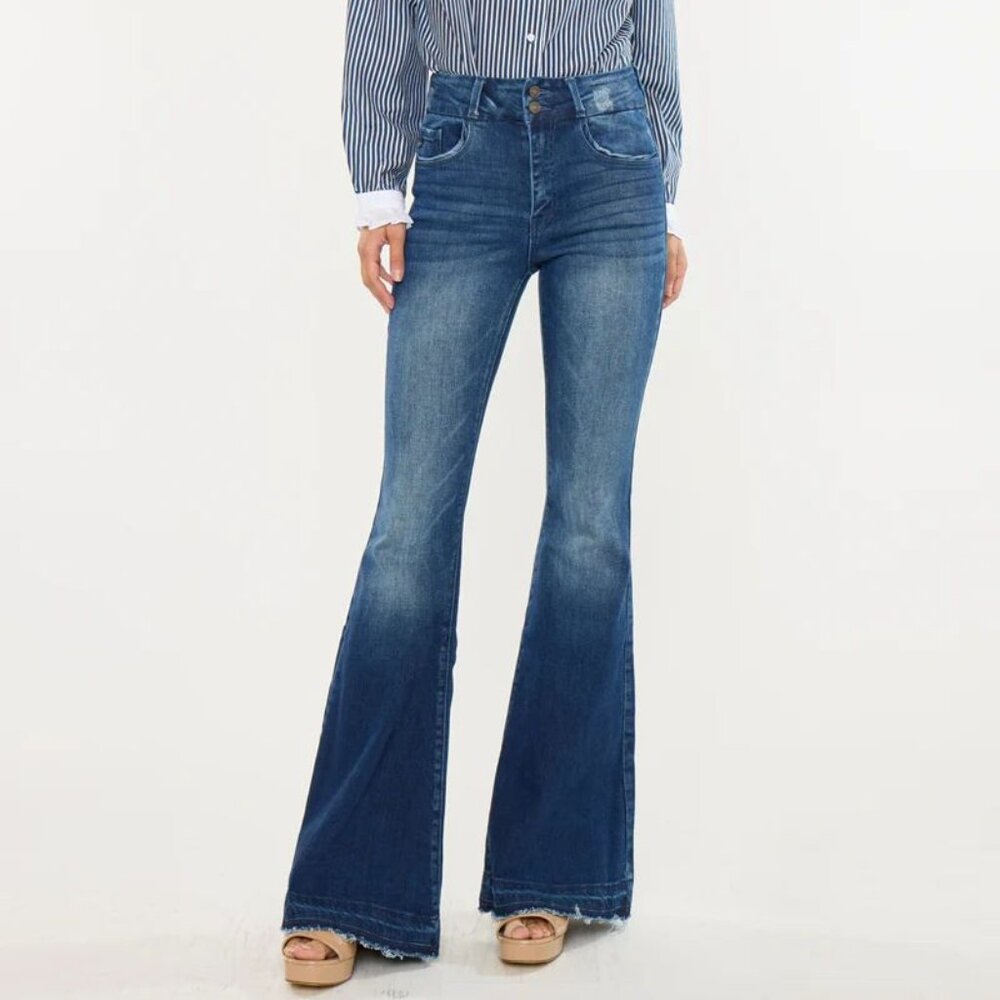 KanCan Womens Jeans 28 Cinthia Ultra High Rise Super Flare Raw Hem Dark Stretchy